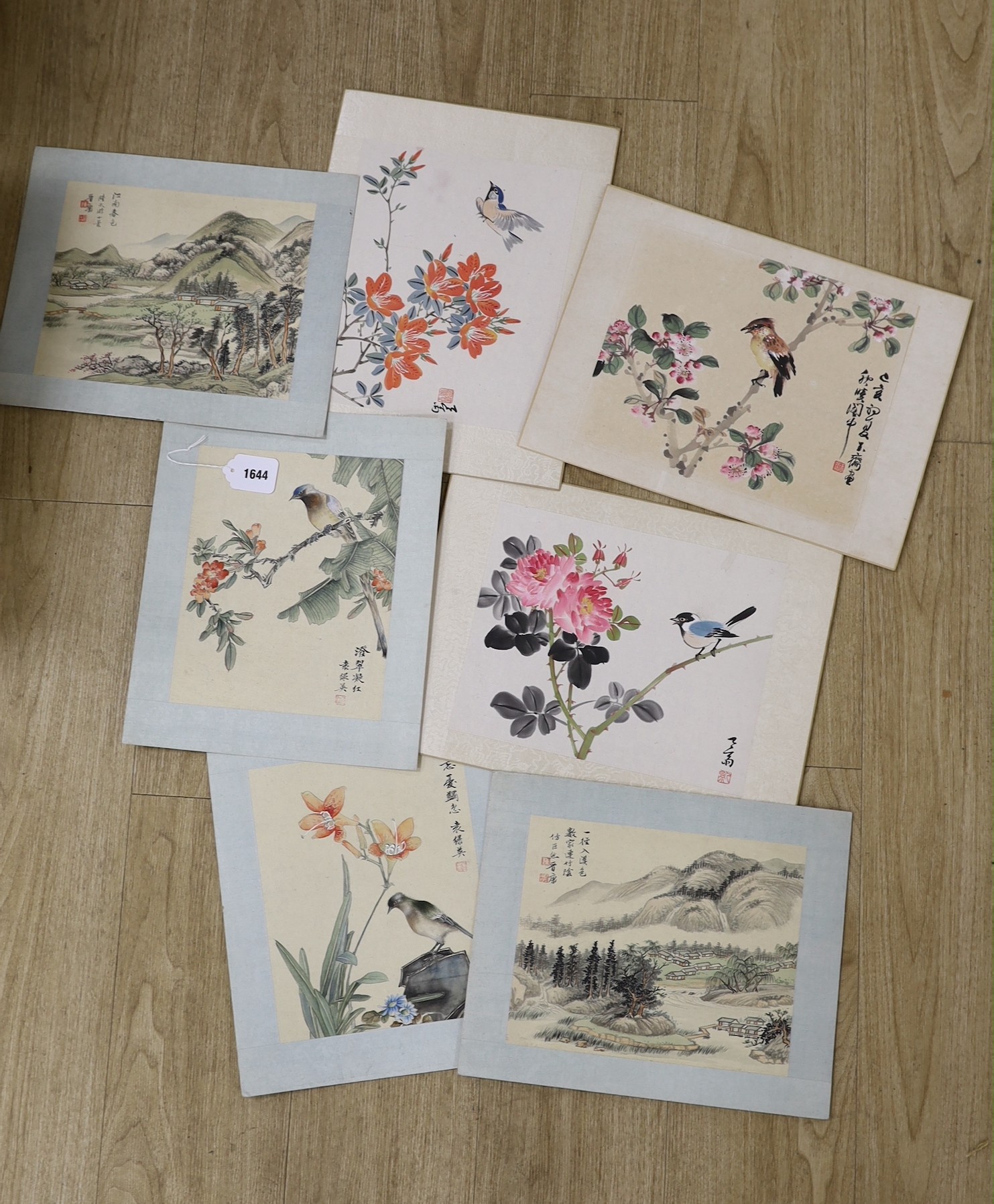 Chinese School, late 20th century, two paintings on silk and three colour woodblocks on paper of birds and flowers and two landscape paintings on silk, approx. 27 x 21cm (7)